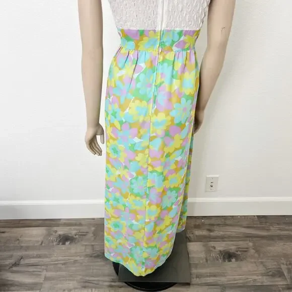[Vintage] 60s 70s Cream Mock Neck Groovy Floral Print Bow Maxi Dress Sz Medium M - Picture 5 of 12